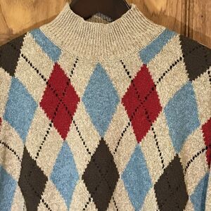 Vtg. Robert Scott Ltd. Tan Argyle Sweater Womens L  Silk Wool Blend Mock Neck LS